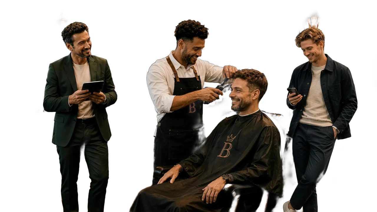 A shop owner using a tablet, a barber cutting a seated client’s hair, and the same client outside using a phone.